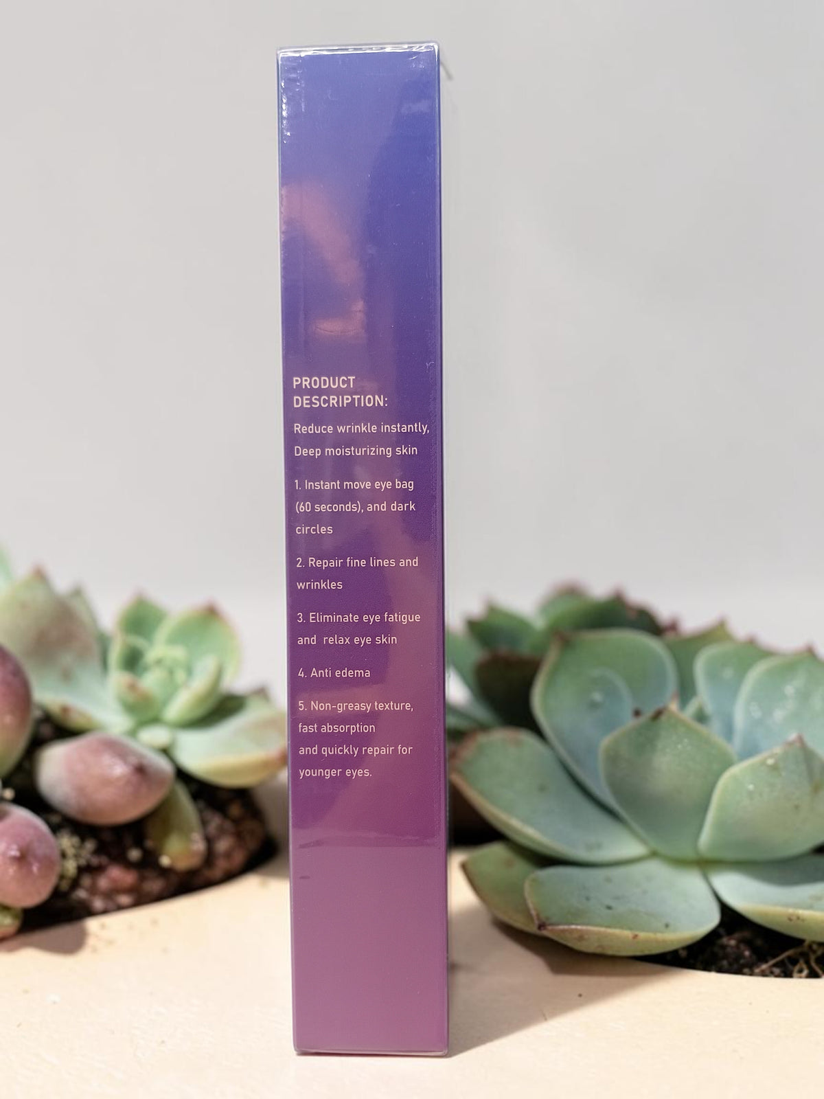 MY LUXE ELEGANCE deep moisturizing formula eye cream box side view with product benefits listed on purple packaging
