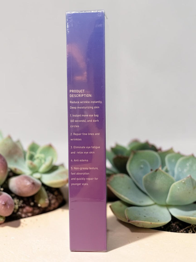 MY LUXE ELEGANCE deep moisturizing formula eye cream box side view with product benefits listed on purple packaging