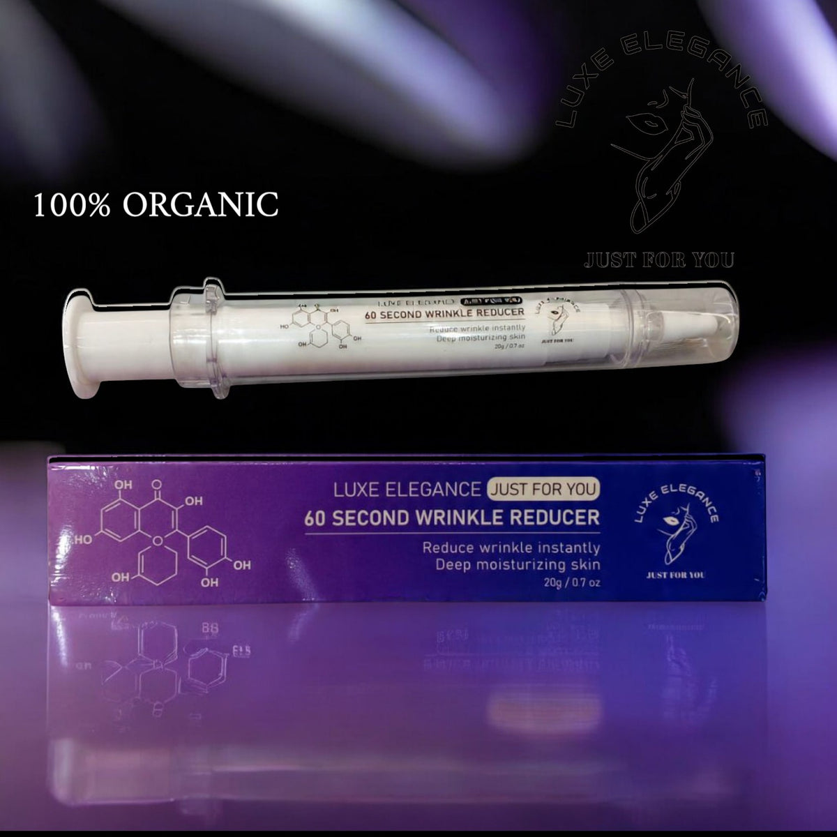 MY LUXE ELEGANCE deep moisturizing wrinkle reducer syringe and purple box with organic botanical formula