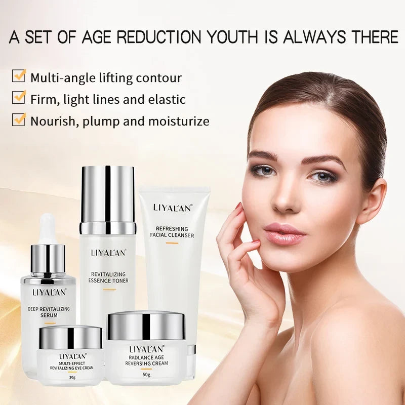 MY LUXE ELEGANCE organic 5-piece anti-aging skincare kit with serum, toner, eye cream, cleanser, and facial cream.