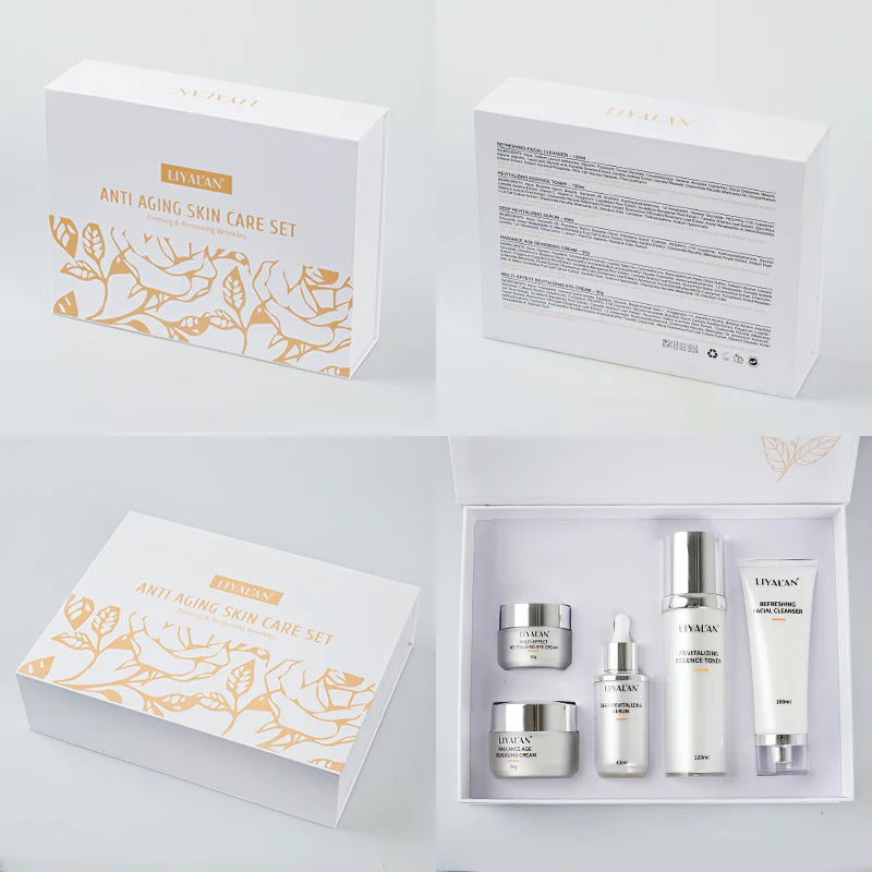 MY LUXE ELEGANCE 5-piece organic anti-aging skincare kit including serum, toner, eye cream, cleanser, and facial cream.
