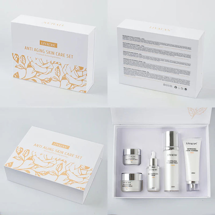 MY LUXE ELEGANCE 5-piece organic anti-aging skincare kit including serum, toner, eye cream, cleanser, and facial cream.