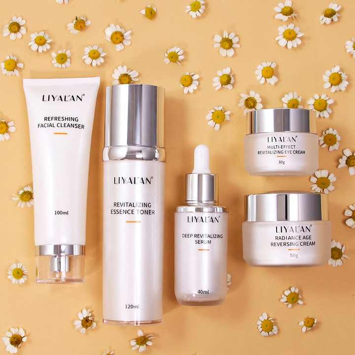 MY LUXE ELEGANCE 5-piece organic anti-aging skincare kit with cleanser, toner, serum, eye cream, and facial cream.