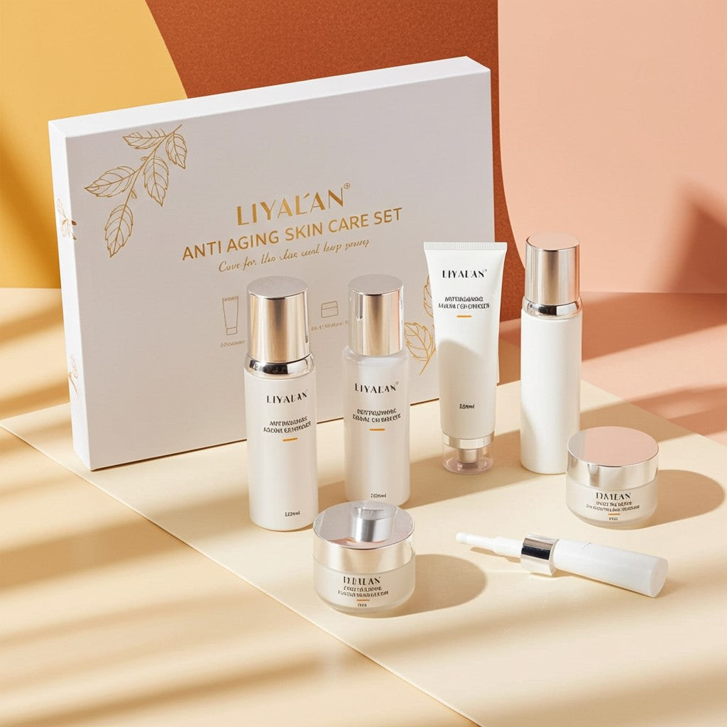 MY LUXE ELEGANCE organic anti-aging skincare kit featuring five white bottles and jars on a beige background.