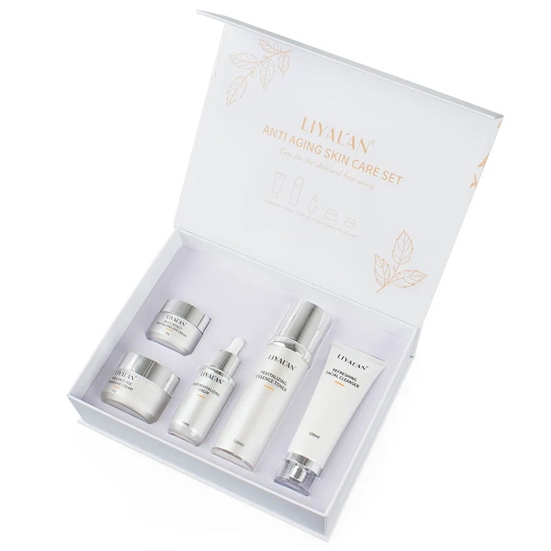 MY LUXE ELEGANCE 5-piece organic anti-aging skincare kit with cleanser, toner, serum, eye cream, and facial cream.