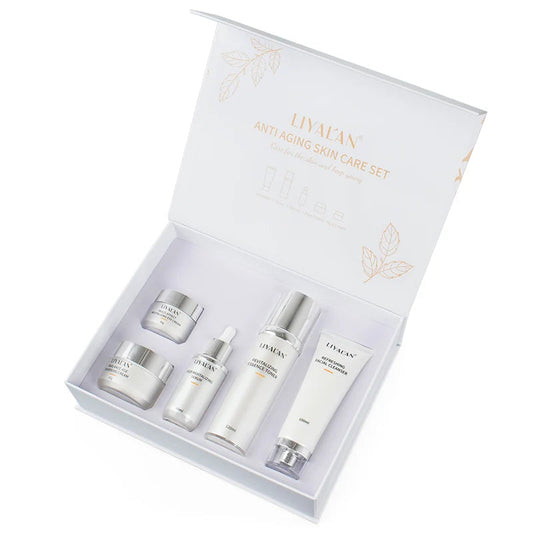 MY LUXE ELEGANCE 5-piece organic anti-aging skincare kit with cleanser, toner, serum, eye cream, and facial cream.