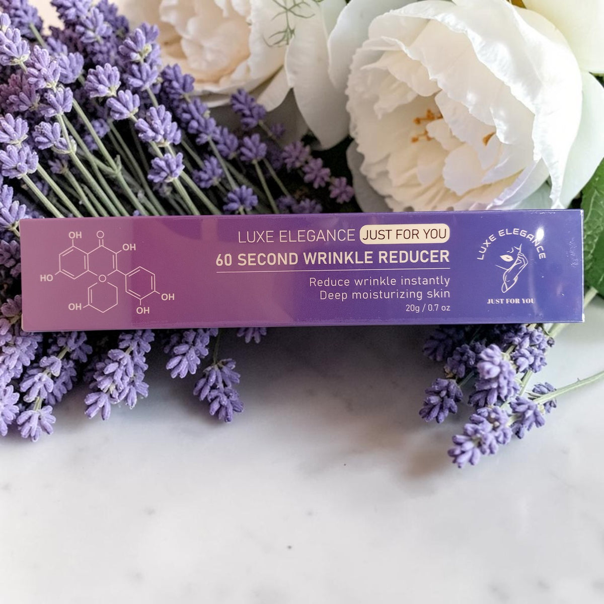 MY LUXE ELEGANCE 60 second wrinkle reducer cream in a purple box with organic botanical formula details
