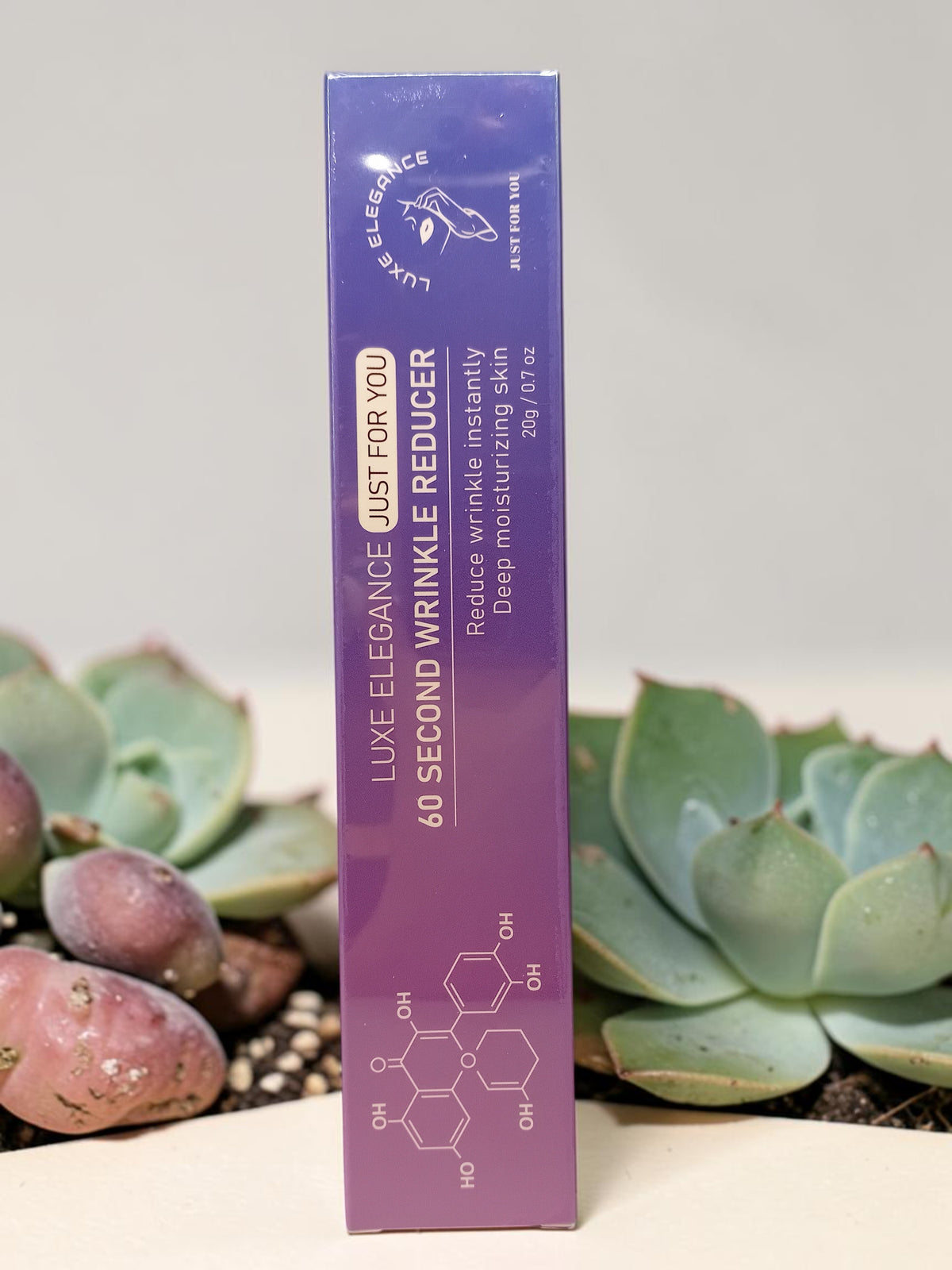 MY LUXE ELEGANCE 60 Second Wrinkle Reducer deep moisturizing formula in a purple gradient box with chemical structure