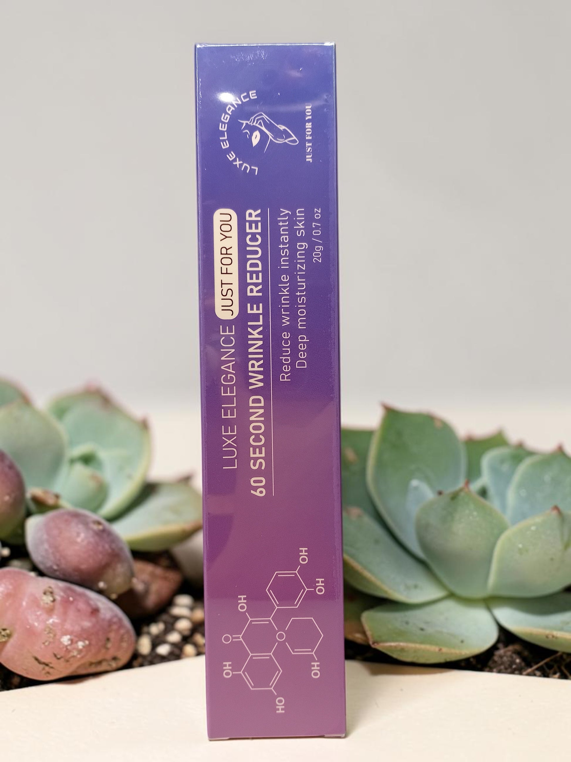 MY LUXE ELEGANCE 60 Second Wrinkle Reducer deep moisturizing formula in a purple gradient box with chemical structure